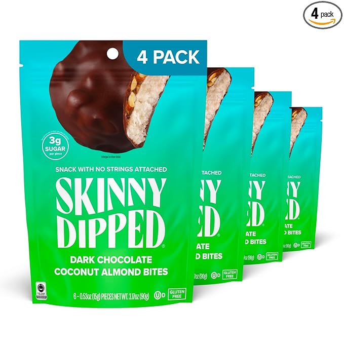 SkinnyDipped Dark Chocolate Coconut Almond Bites, Low Sugar Chocolate Coconut Bar, 3.17oz Resealable Bags, Pack of 4 (24 Bites Total)