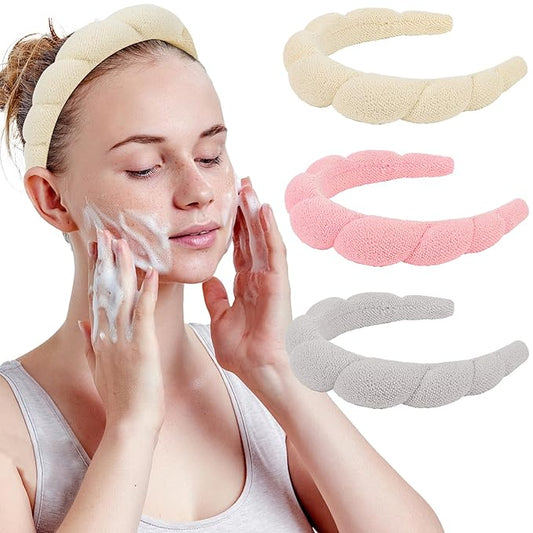 WHAVEL 3 Pack Spa Headband Skincare Headbands, Makeup Headband Sponge Terry Cloth Headbands Face Wash Headband Puffy Hair Band for Washing Face Women Girls (Gray, Khaki, Pink) (TCH-05)