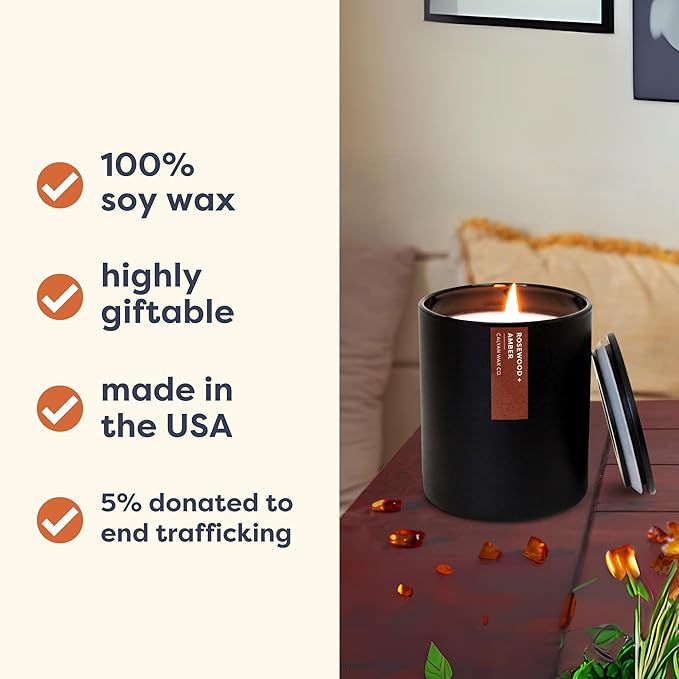 Calyan Wax Co. Soy Wax Candle, Rosewood + Amber Scented Candle, 75 Hour Burn Time, Aromatherapy Soy Candles, Non Toxic & Vegan Soy Wax, Black Tumbler Scented Candles, 13oz