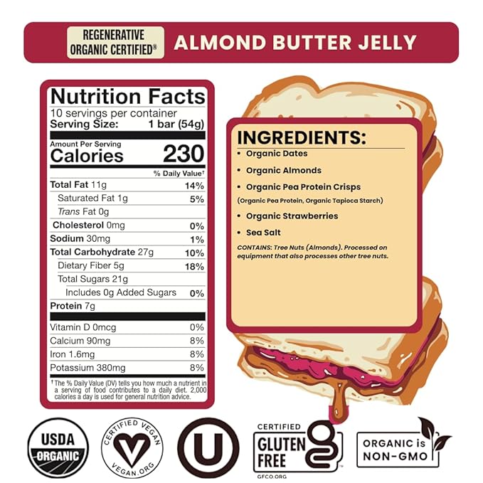 Bearded Brothers, Organic Vegan Protein Energy Bars, Almond Butter Jelly (10 Pack) - Gluten Free, Paleo, Fiber, Whole 30, Non GMO Low Glycemic Snacks