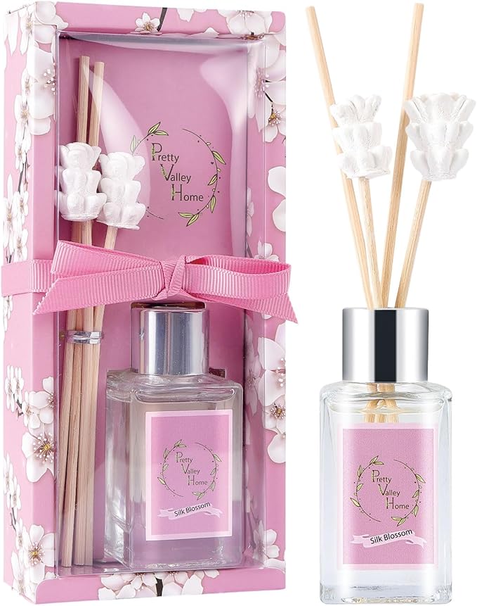 Reed Diffuser Set, Pretty Valley Home Mini Gypsum Flower Fragrance Diffuser Lavender 1.01 fl oz (30 ml), Home Fragrance Reed Diffuser for Bathroom Office Living Room Dining Table Decor (SILK BLOMSSON)