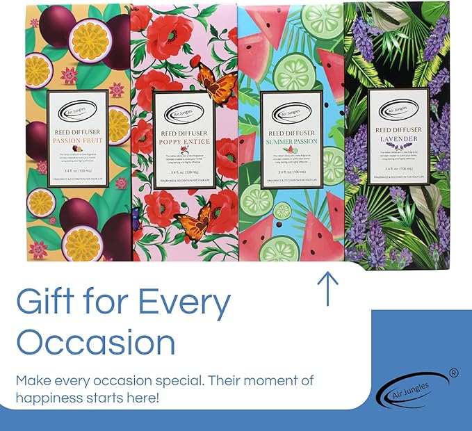Air Jungles Poppy Entice Fragrances Reed Diffuser Set with Sticks, Poppy Entice Scent Incense Oil, Essential Oil Air Freshener for Home, Office, Gym, and Room Diffuser, 3.4 fl. oz