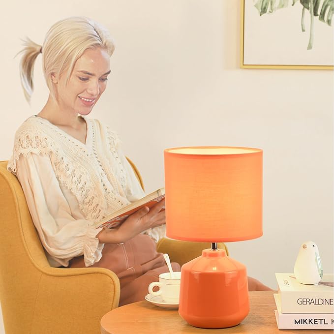 Lampwell Lena Small Modern Ceramic Table Lamp, Kids Night Table Lamp, 7.09H12.99IN, Bulb Excluded, Orange
