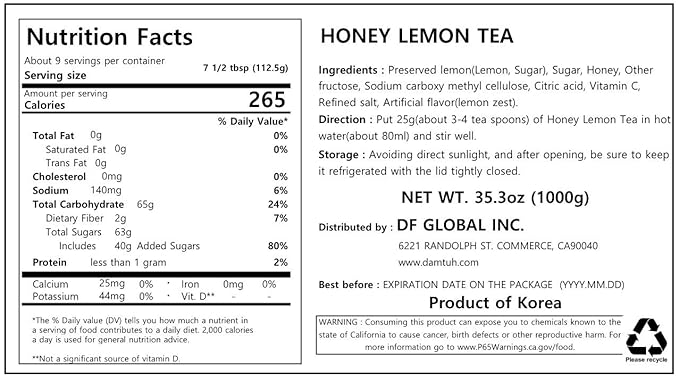 Damtuh Honey Lemon Tea 2.2lb (35.3 fl oz) – Traditional Korean Preserved Lemon with Honey, Refreshing Citrus Herbal Tea, Fruit Marmalade Preserve