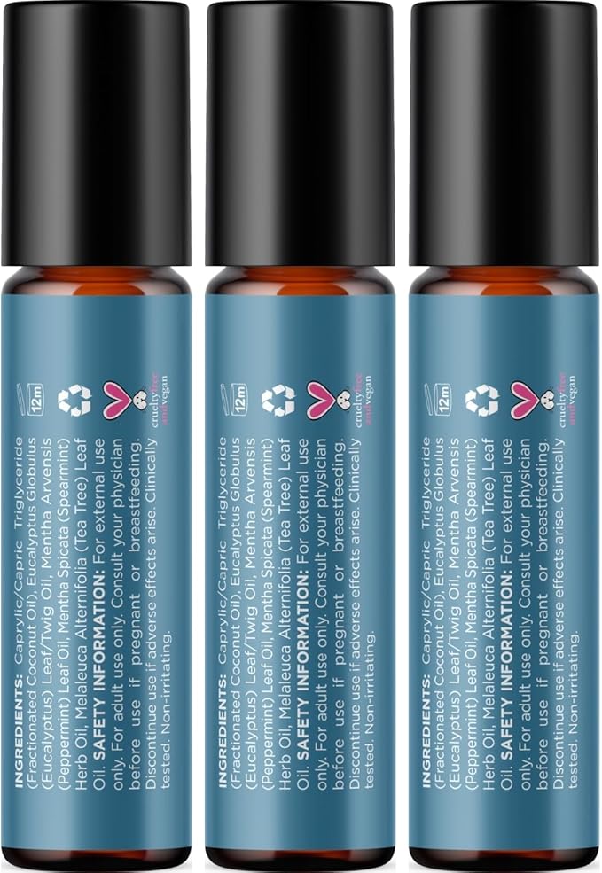 Breathe Essential Oil Roll On - Aromatherapy Essential Oil Roller with Invigorating Essential Oils - Refreshing Essential Oil Blend with Eucalyptus Peppermint Spearmint & Tea Tree Oils (3 Pack)