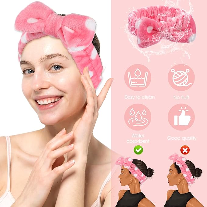 Prasacco 24 Pcs Spa Headband for Women, Soft Coral Fleece Headband for Washing Face Cute Skincare Headbands with Bow Elastic Polyester Makeup Headbands for Women Girls