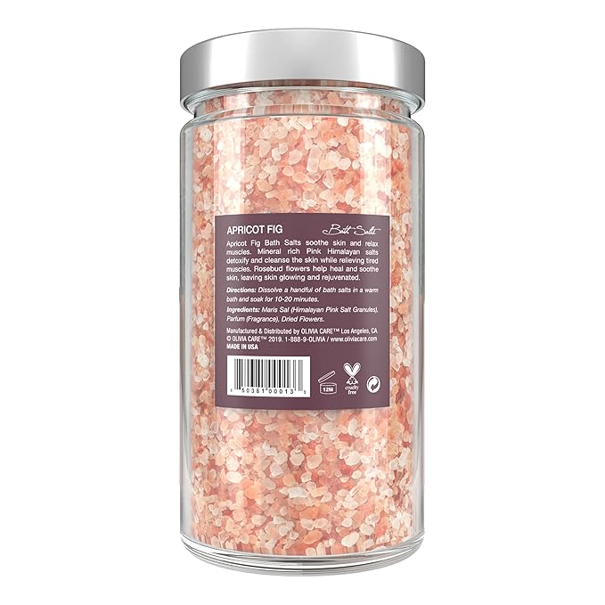 Olivia Care Pink Himalayan Bath Salts with Apricot Fig - Relieves & Relax Muscles. Exfoliate, Heal, Rejuvenate, Cleansing & Soothes Skin | Made with Natural Ingredients. Fresh Fragrance - 12 OZ