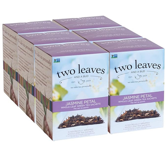 Two Leaves and a Bud Jasmine Green Tea Bags, 15 Count (Pack of 6) Whole Leaf Green Tea in Pyramid Sachet Bags, Compostable Sachets, Delicious Hot or Iced with Milk or Sugar or Honey or Plain
