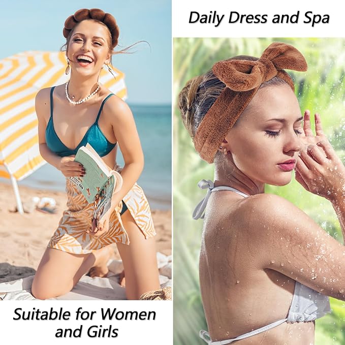 VELSCRUN Spa Headband, Makeup Face Wash Skincare Headbands, 6 Pcs Coffee Color Sponge Bow Tie Get Ready HairBand Facial Wristband Set, Stuff for Teen Girls Women Trendy Fashion Hair Accessories