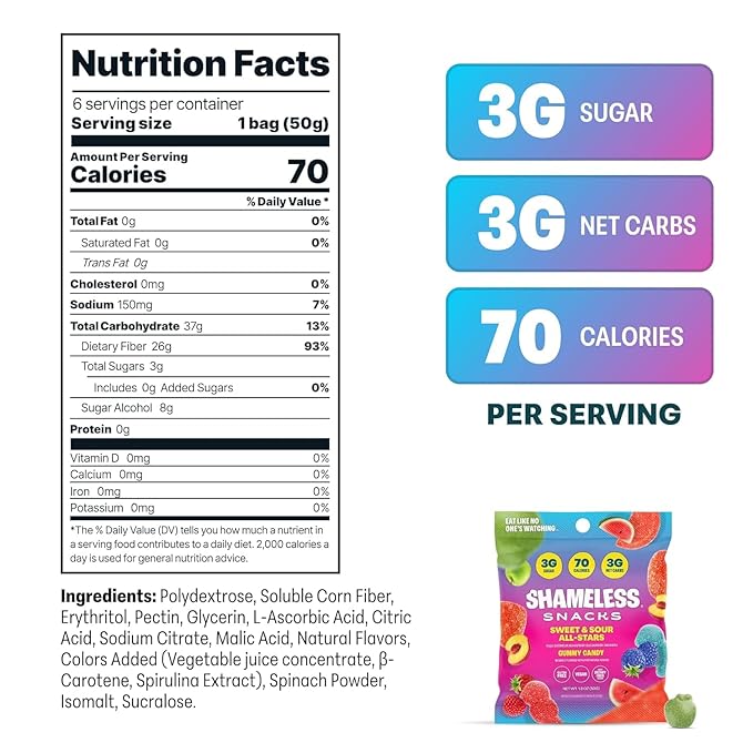 Shameless Snacks Sweet & Sour Allstars – Candy Variety Pack | Sour Gummy Candy | Healthy Vegan Snacks | Low Sugar Fruit Snack | 6-Pack, Gluten Free | Red Raspberry, Watermelon, Peach, Green Apple, Blue Raspberry