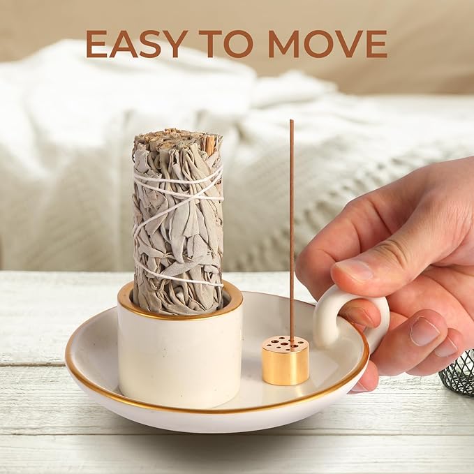 Sage Holder, Ceramic Palo Santo Sticks Holder, Sage Burner Holder with Handle, 4.72" Sage Incense Holder for Meditation, Yoga and Relaxation