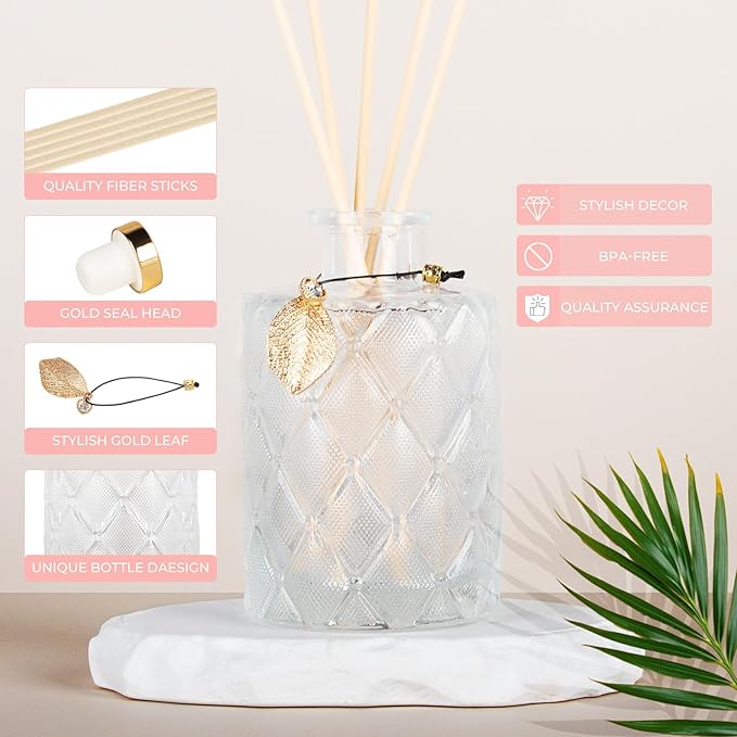 Glass Reed Diffusers Bottles for Home, Diffuser Bottles with 40PCS Reed Diffuser Sticks, Vintage Embossed Apothecary Style Flower Bud Vases with Cork Lids, Set of 6
