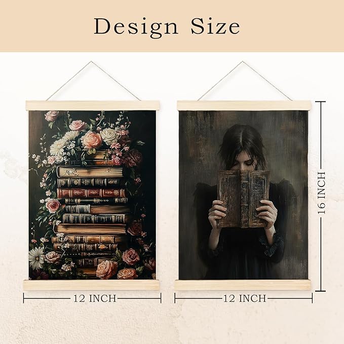 Exqcom Vintage Dark Floral Book Wall Decor Set of 2, Dark Academia Wall Art Poster, Book Club Decorations, Bookish Reading Moody Posters for Reading Room Corner Library Classroom, 12x16 Inches