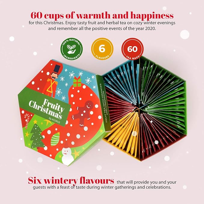ACORUS Fruity Christmas Tea Set, Fruit Tea Gift Set, 60 Assorted Tea Bags Variety Pack, Fruit Tea Sampler, Specialty Tea Bags Individually Wrapped, Tea Gifts for Women, Men, Tea Lovers