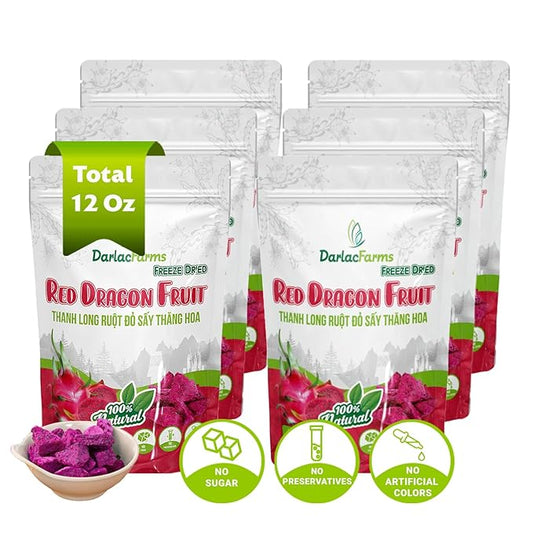 DARLAC FARMS Freeze Dried Red Dragon Fruit Cubes, 2 Oz x Pack 6, No Sugar Added, Healthy Fruit Snacks for Kids, Adults & All Ages, Premium Organic Crispy Crunchy Snacks, Tea, Baking, Smoothie, Yogurt