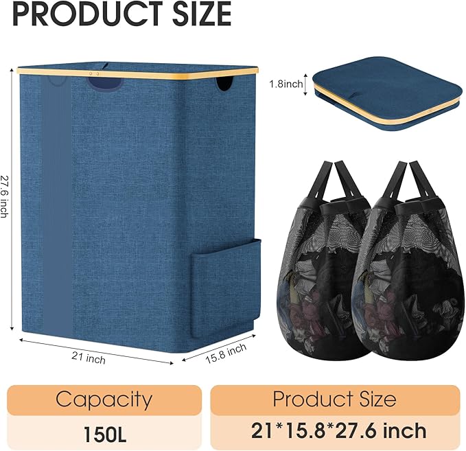 Laundry Basket Clothes Hamper with Lid and Pocket Large Collapsible Laundry Baskets with Handle, Freestanding Hampers for Bedroom Aesthetic, Dorm, Bathroom, Laundry Room (150L,Light Blue)