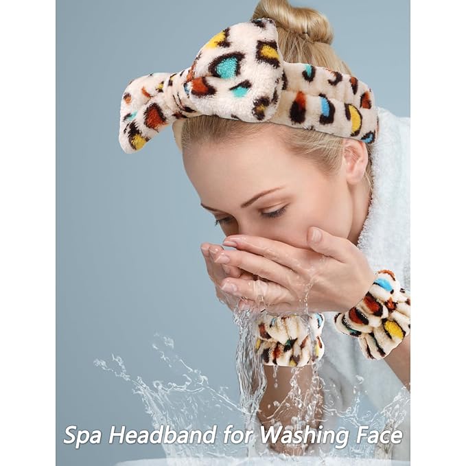 Velscrun 6 Pack Spa Headband, Makeup Headband, Face Wash Headbands, Skincare Headbands, Sponge Hair Band Bow Tie Spa Head Band for Washing Face Wristband Set Hair Accessories for Women Gifts Leopard D