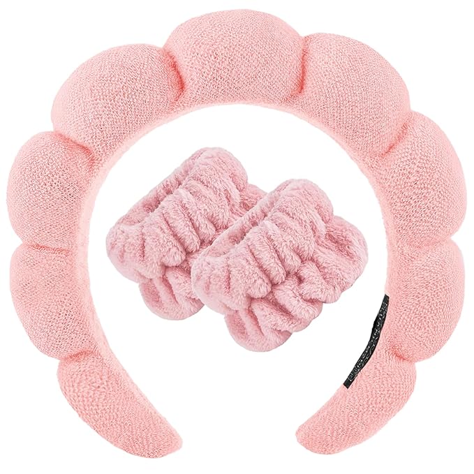 Zkptops Spa Headband for Washing Face Wristband Set Sponge Makeup Skincare Terry Cloth Bubble Soft Get Ready Hairband for Women Girl Puffy Padded Headwear Non Slip Thick Hair Accessory(Orange Pink-2)
