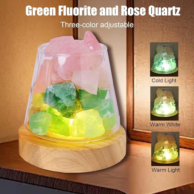 Runyangshi Healing Crystal Night Light Natural Green Fluorite Rose Quartz Raw Stone Aroma Diffuser USB Powered 3 Colour Adjustable Bedside Lamp for Bedroom Living Room Yoga Meditation Home Decor Gift