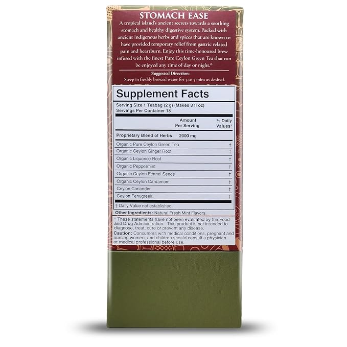 Tรฉrapy Ceylon Stomach Ease Herbal Tea Bags | Soothes Stomach & Supports Healthy Digestion | All Natural Ayurvedic Ingredients Including Peppermint, Ginger, Licorice | 18 Individually Wrapped Tea Bags