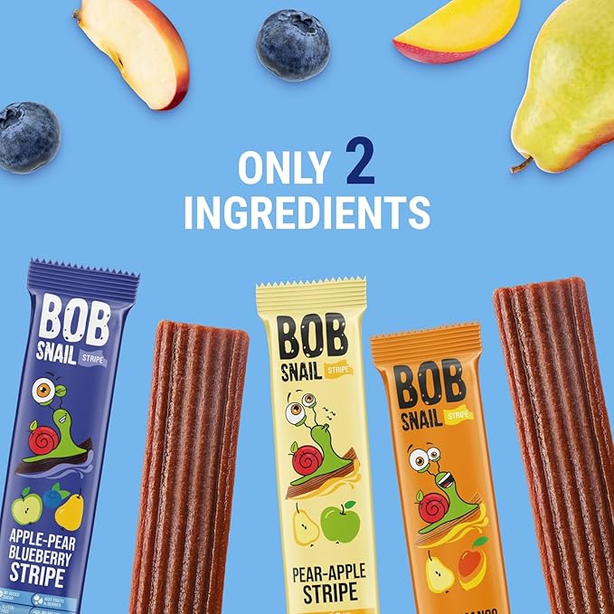 BOB SNAIL Healthy Organic Fruit Snacks for Kids and Adults – 30 Organic Fruit Leather Snacks with Pear & Apple, Blueberry, Mango – Vegan Low-Carb Variety Pack Strips for Kids – Sugar Free Jerky Bars