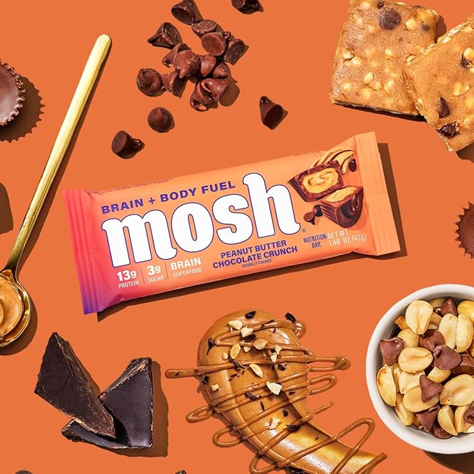 MOSH Peanut Butter Chocolate Keto Protein Bars, High Fiber, Low Carb, Gluten Free, High Protein, Brain Healthy Snack, 12 Count