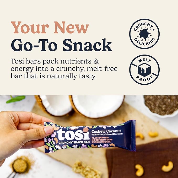 Tosi Cashew Coconut Protein Bars - Crunchy Nut & Seed Vegan Snack Bars, Gluten Free, 6g Plant Based Protein, Organic Flax, Chia, Sesame Seeds, Omega 3s, Low in Sugar, Dairy Free, No Soy - 1 oz 12-Pack