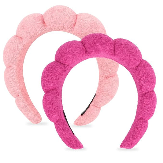 AMCAMI Puffy Spa Headband for Women Sponge Headbands for Girls 2 PCS Terry Towel Cloth Fabric Head Band for Skincare,Makeup Removal,Face Washing,Facial Mask,Shower,Hair Accessories(Red&Light Pink)