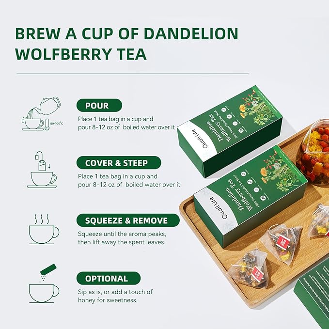 Dandelion Wolfberry Tea - Liver & Kidney Detox Herbal Tea, Summer Cleanse with Chrysanthemum, Wolfberry, Organic Dandelion Root, Cassia Seed, Licorice Chinese Herbal Tea Bag (1 Pack, Dandelion)
