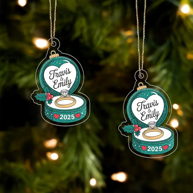 Personalized Engagement Ring Christmas Ornament, Couple Ornament, Engagement Gift for Her, Wedding Ornament, Newlywed Holiday Keepsake Acrylic Ornament β Personalized Christmas