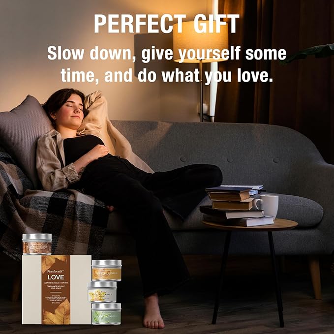 Scented Candles for Women, 4 Pack Candle Set Gifts for Women - Sycamore, Vanilla, Tea Tree, Amber Amber & Sandalwood Scented, Gift Sets for Mom