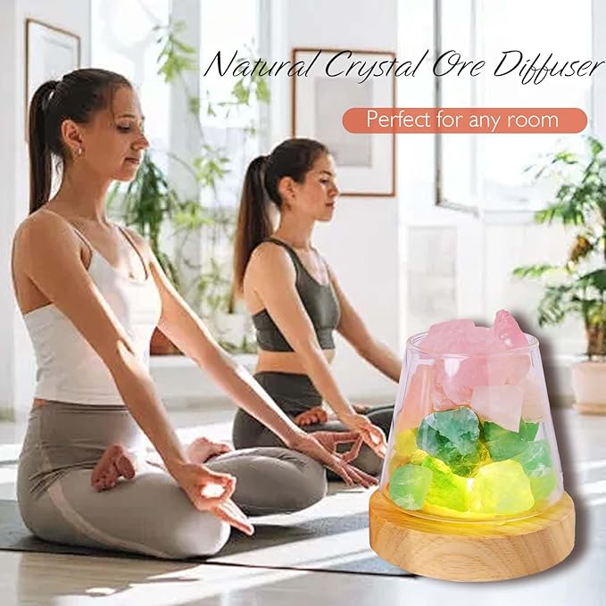 Runyangshi Healing Crystal Night Light Natural Green Fluorite Rose Quartz Raw Stone Aroma Diffuser USB Powered 3 Colour Adjustable Bedside Lamp for Bedroom Living Room Yoga Meditation Home Decor Gift