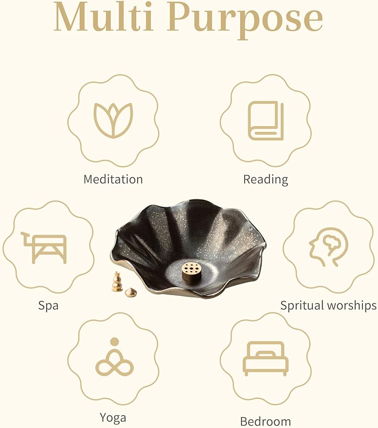 4 in 1 Incense Burner 6 Inch Inscents-Sticks Holder, Lotus Incense Holder for Sticks, Insence Burner with 3 Incense Sockets for Meditation, Yoga, Home Decor, Black and Brown