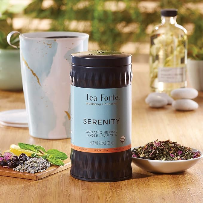 Tea Forte Serenity Premium Organic Loose Leaf Caffeine-Free Herbal Tea Blend Canister, Makes 35-50 Cups