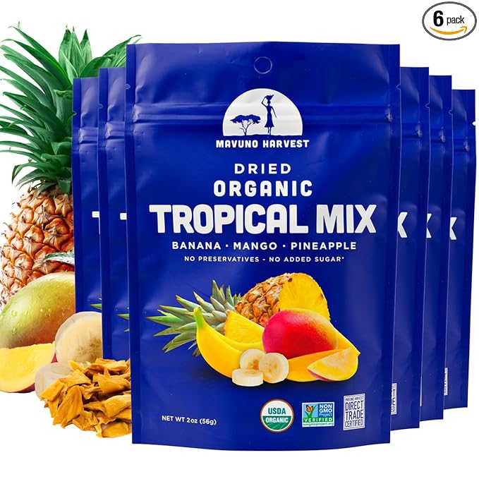 Mavuno Harvest Tropical Mix Dried Fruit Snack | Unsweetened Organic Mixed Dried Fruit | Gluten Free Healthy Snacks for Kids and Adults | No Sugar Added, Vegan, Non GMO | 2 Ounce, Pack of 6