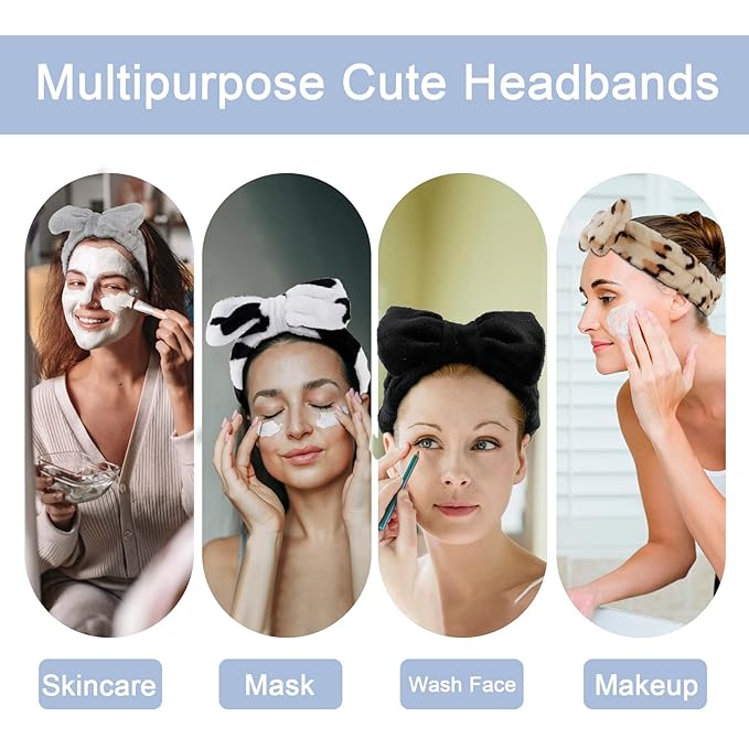 Ondder 8 Pack Spa Headbands for Face Washing - Fluffy Shower Cosmetic Face Wash Head Bands for Women & Girls - Leopard & Polka Dot Solid Color