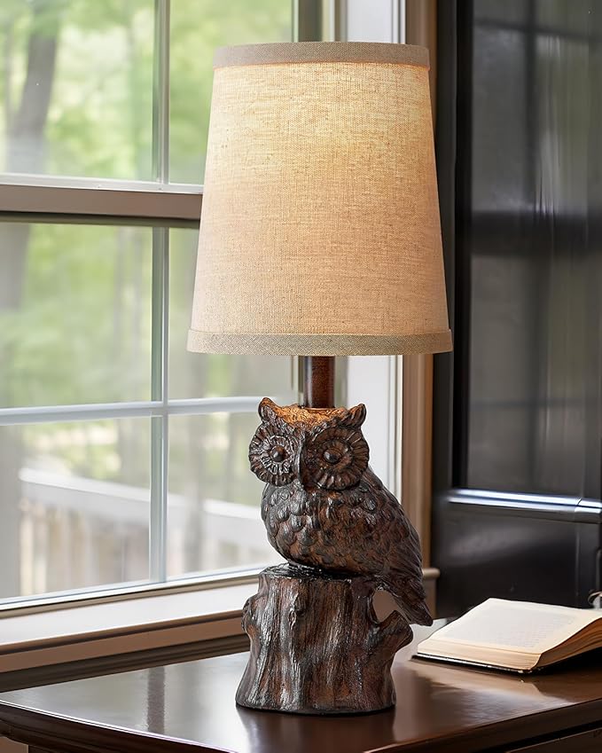 14.25" Small Table Lamp for Living Room Farmhouse Bedside Resin Single Lamp with Brown Owl Lamp Shape for Bedroom Retro Rustic Nightstand Lamp