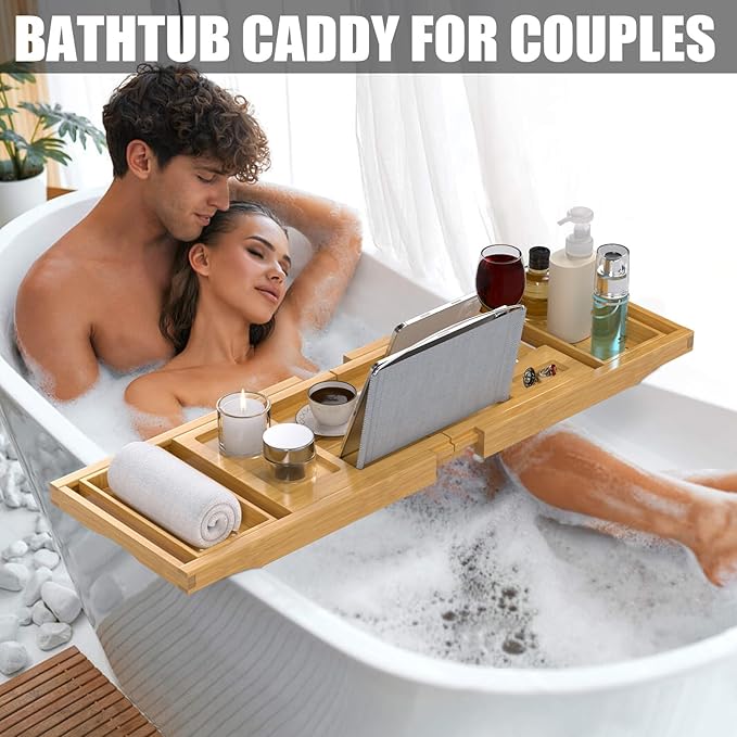 Bathtub Tray Caddy, Expandable Bath Trays for Tub, Bamboo Shelf & Table with Wine Glass Holder,Bathroom Accessories for New Home & Mothers Day & Birthday Gifts for Mom