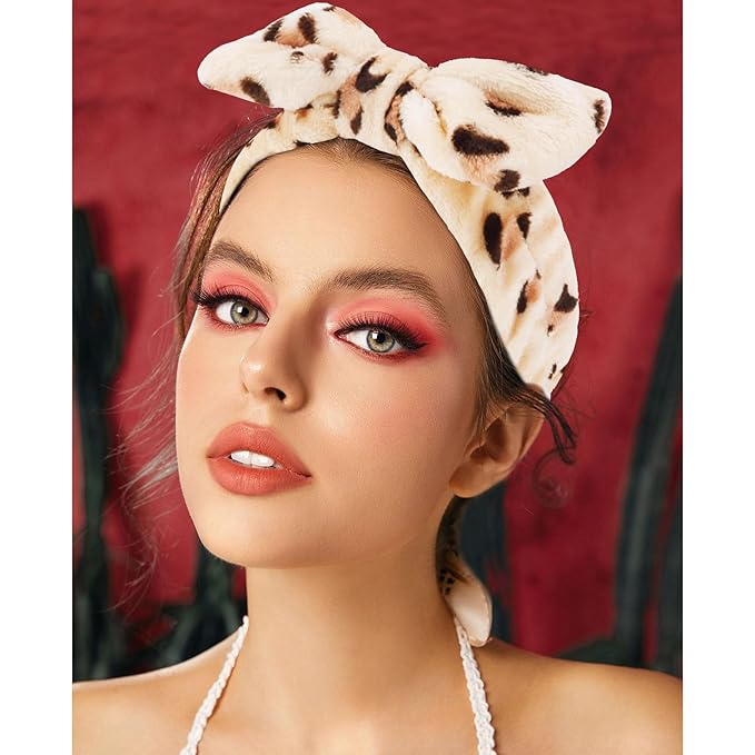 VELSCRUN Spa Headbands for Wash Face, Makeup Headband, Facial Skincare Headbands, 5 Pcs Brown Leopard Puffy Sponge Spa Headband Bow Tie Hair Band Hair Clips Wristband Set Women Girls Accessories