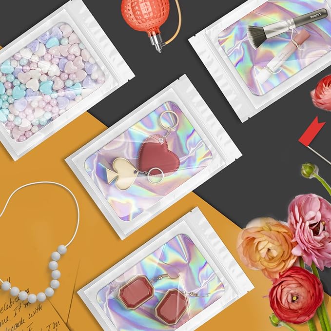 100 Pieces Smell Proof Mylar Bags, Holographic Packaging Bags, Resealable Odor Foil Pouch Zipper Bag with Clear Window for Food Storage and Lipgloss, Jewelry Lash (White, 3.5 x 6.3 Inch)