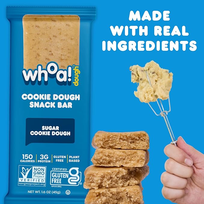 Whoa Dough Edible Cookie Dough Bars- Certified Non-GMO, Kosher and Gluten Free Bars - Healthy Snack Foods - Plant Based Snacks Made With Real Ingredients - Sugar Cookie Dough - 10 Pack