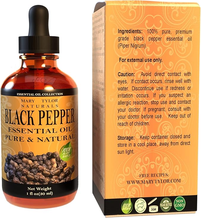 Black Pepper Essential Oil (1 oz), Premium Therapeutic Grade, 100% Pure and Natural, Perfect for Aromatherapy, Diffuser, DIY by Mary Tylor Naturals