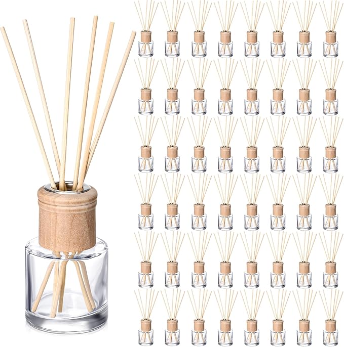 Roshtia 50 Set Reed Diffuser Bottle Empty Refillable Fragrance Glass Diffuser Bottles Set with Wooden Caps Rattan Sticks 50ml 1.7 oz Round Glass Jars for DIY Fragrance