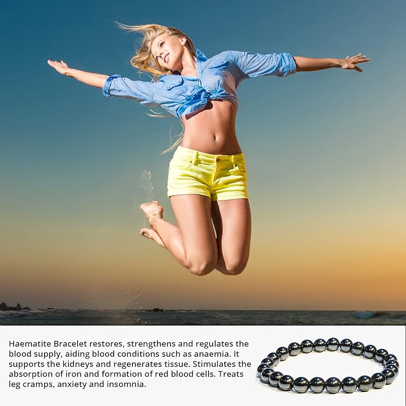 Hematite Crystal Bracelet – Healing Crystal Bracelet for Women and Men – 8mm Round Beaded Bracelet for Anxiety Relief – Elastic Adjustable Size Bead Calming Bracelet