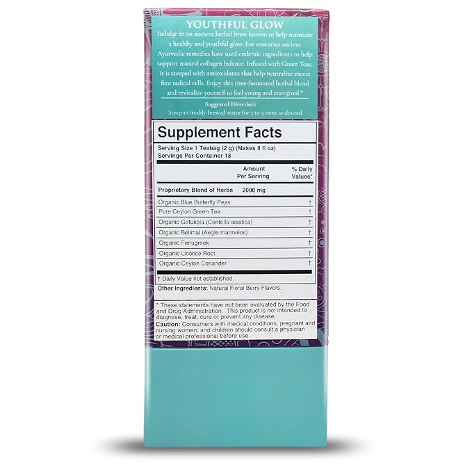 Tรฉrapy Ceylon Youthful Glow Herbal Tea Bags | Helps Maintain Healthy Skin and Hair | 100% Natural Blue Butterfly Peas, Licorice Root, Green Tea & More | Individually Wrapped Organic Tea Bags |18 Count