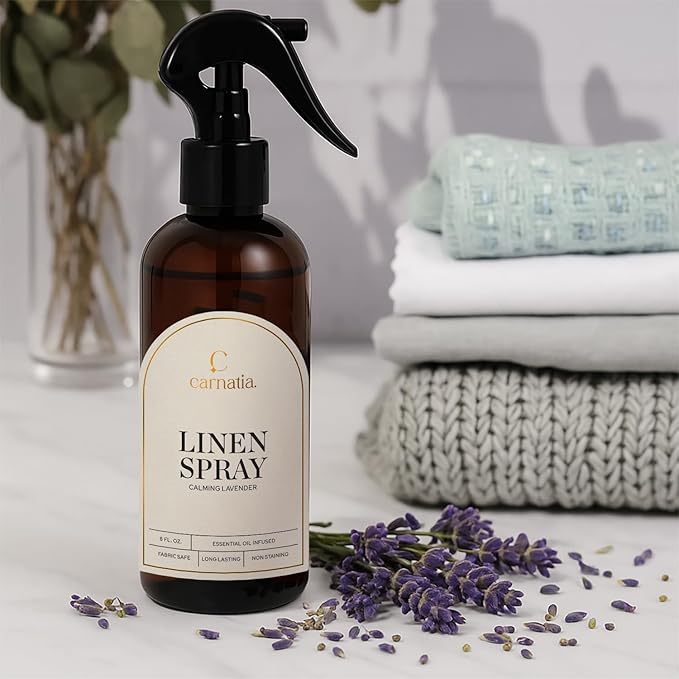 Carnatia Calming Lavender Linen Spray – 8 oz Aromatherapy & Home Mist with Essential Oils – Relaxing Lavender Scent for Bedding, Pillows, Fabric Surfaces, Laundry & Rooms – Trigger Pump Bottle