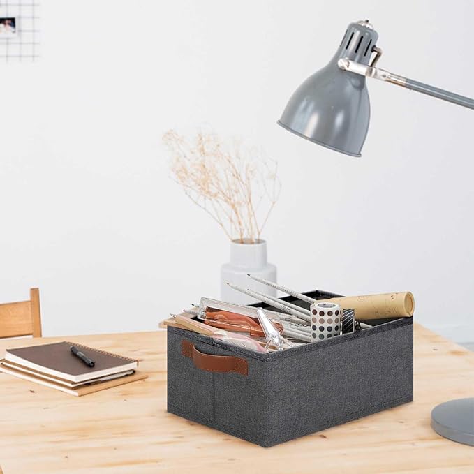 GhvyenntteS Small Fabric Storage Bins 12 Pack, 11.8" x 7.87" x 5.11" Storage Basket with Leather Handles, Closet Storage Bins for Shelves, Storage Baskets for Shelves, DVD Storage (Grey)