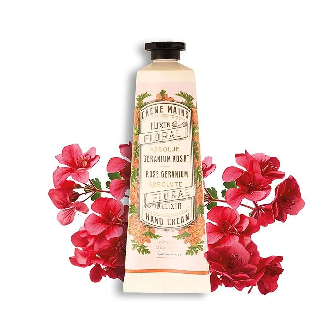 Panier des Sens - Small Hand Cream for Dry Cracked Hands โ Rose Geranium Mini Hand Lotion for Dry Skin - With Sweet Almond and Olive Oil - Hand Care 97% Natural Ingredients - Travel Size 1 floz