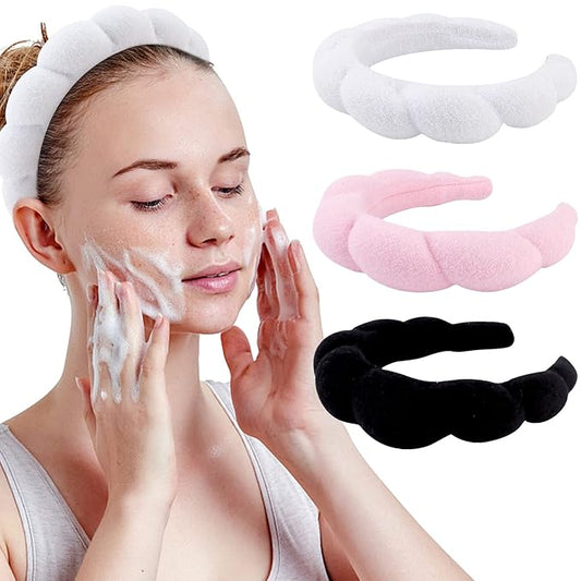 WHAVEL 3 Pack Spa Headband Skincare Headbands, Makeup Headband Sponge Terry Cloth Headbands Face Wash Headband Puffy Hair Band for Washing Face Women Girls (White, Pink, Black)