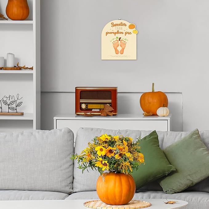 Sereliy Baby's First Thanksgiving DIY Footprint Art Card, Wooden Thanksgiving Baby Sign Keepsake Ornaments for Baby Shower Newborn Photoshoot Prop(Pumpkin)